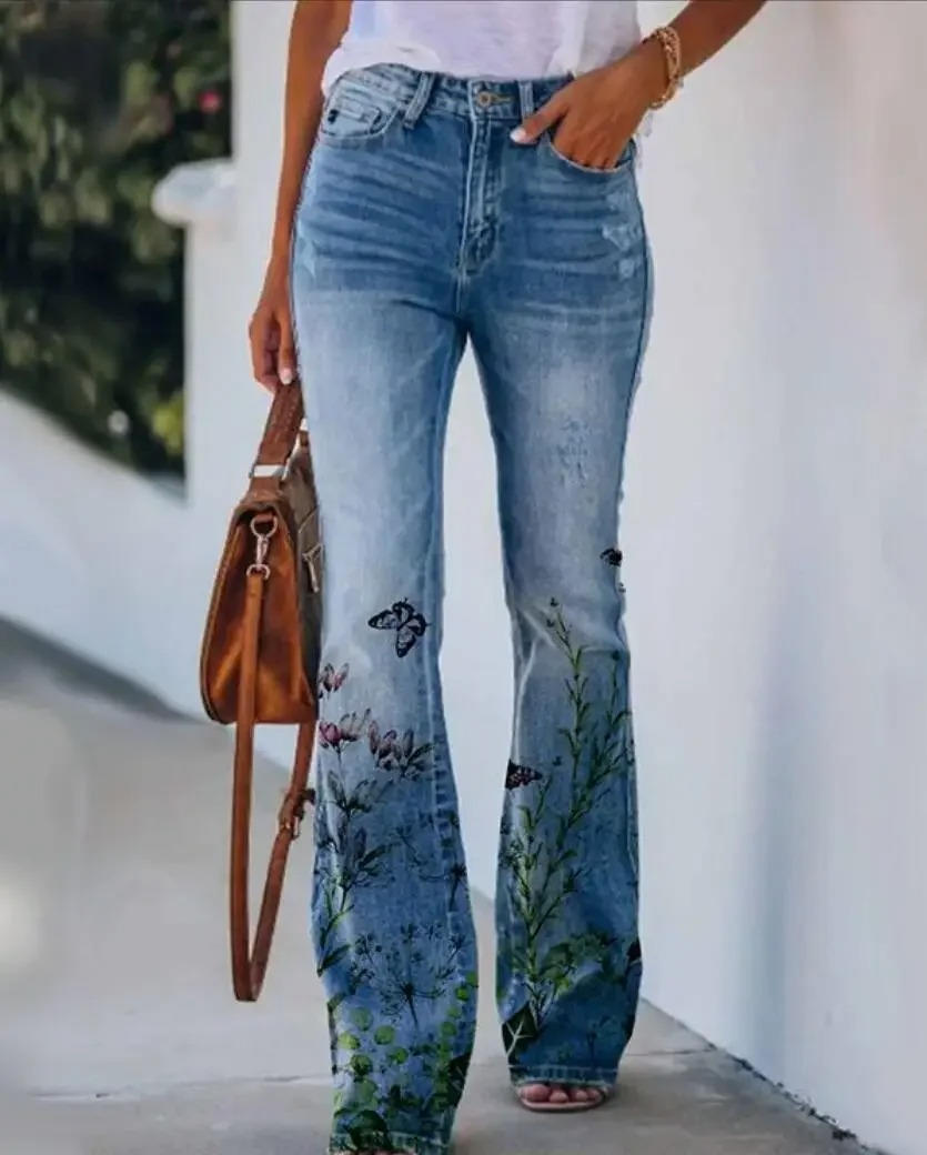 Women's floral print cotton blend jeans relaxed fit vibrant retro botanical pattern everyday wear