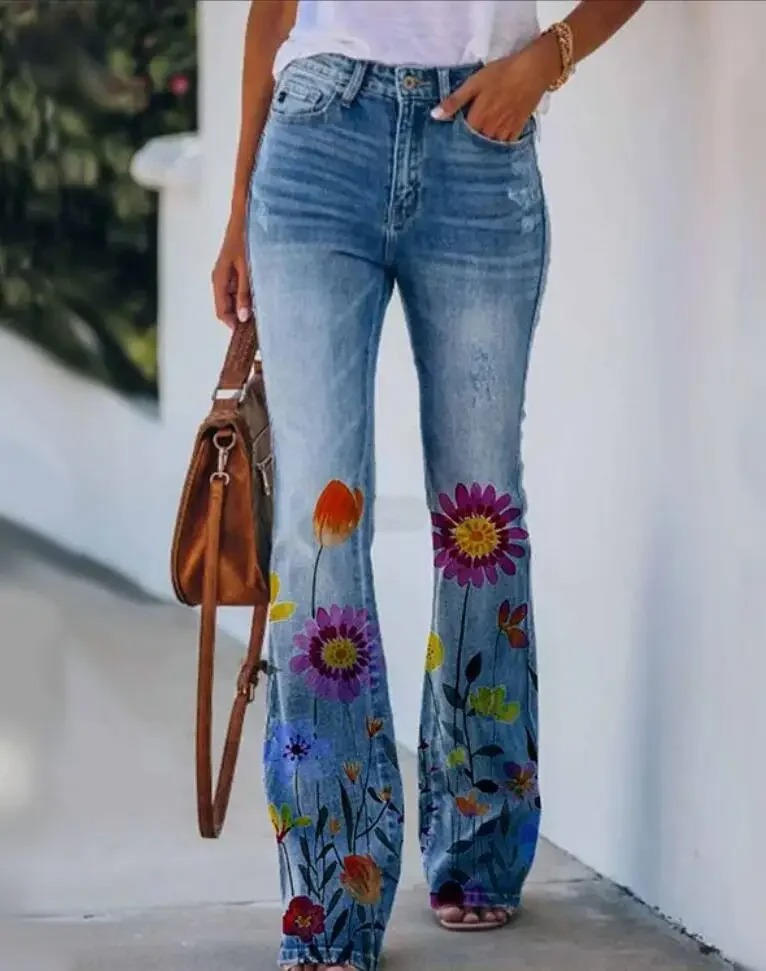 Women's floral print cotton blend jeans relaxed fit vibrant retro botanical pattern everyday wear