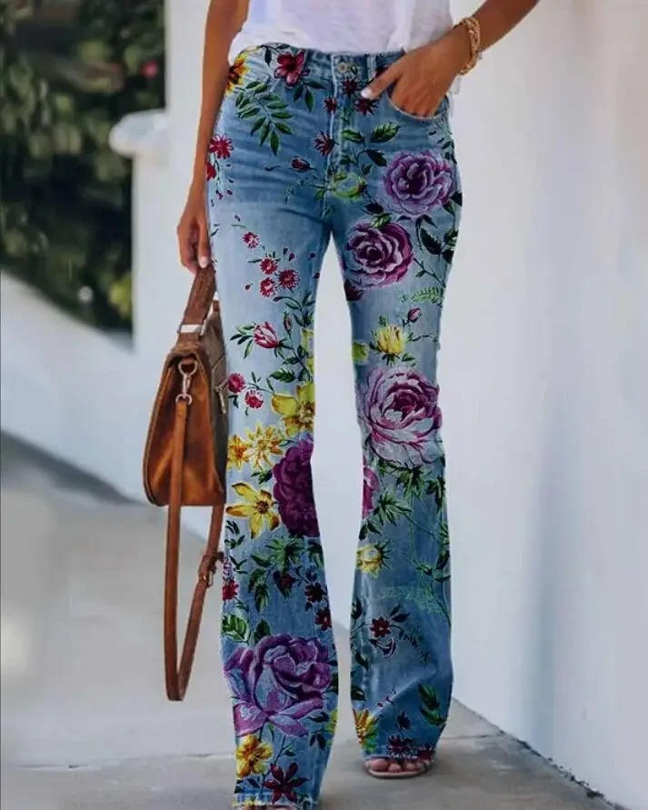 Women's floral print cotton blend jeans relaxed fit with vibrant retro botanical pattern everyday wear