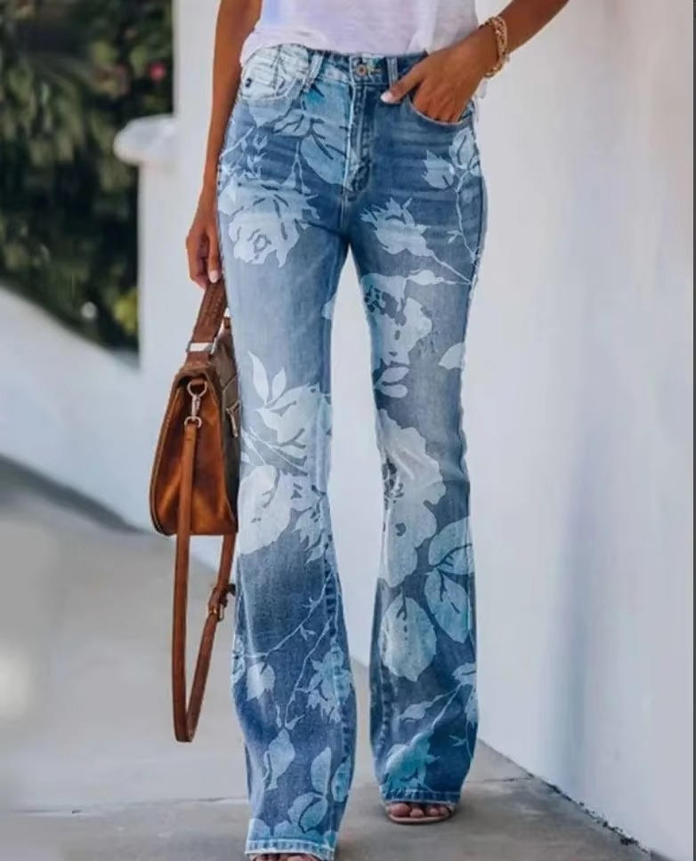 Women's floral print cotton blend jeans relaxed fit with vibrant retro botanical pattern everyday wear
