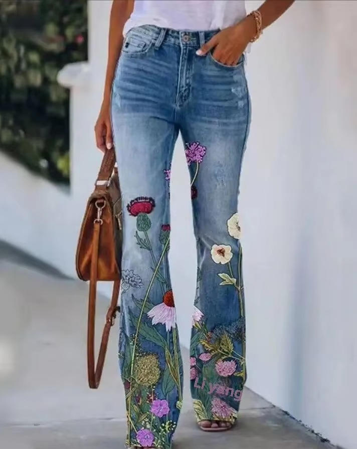 Women's floral print cotton blend jeans relaxed fit vibrant retro botanical pattern everyday wear