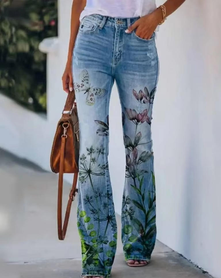 Women's floral print jeans cotton blend relaxed fit with vibrant retro botanical pattern everyday wear
