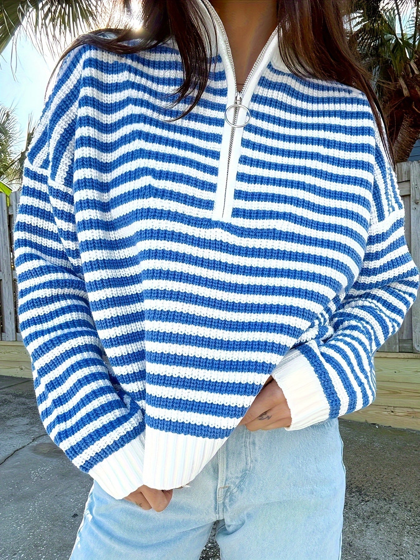 Striped half-zip unisex sweater relaxed fit soft ribbed knit casual layering piece