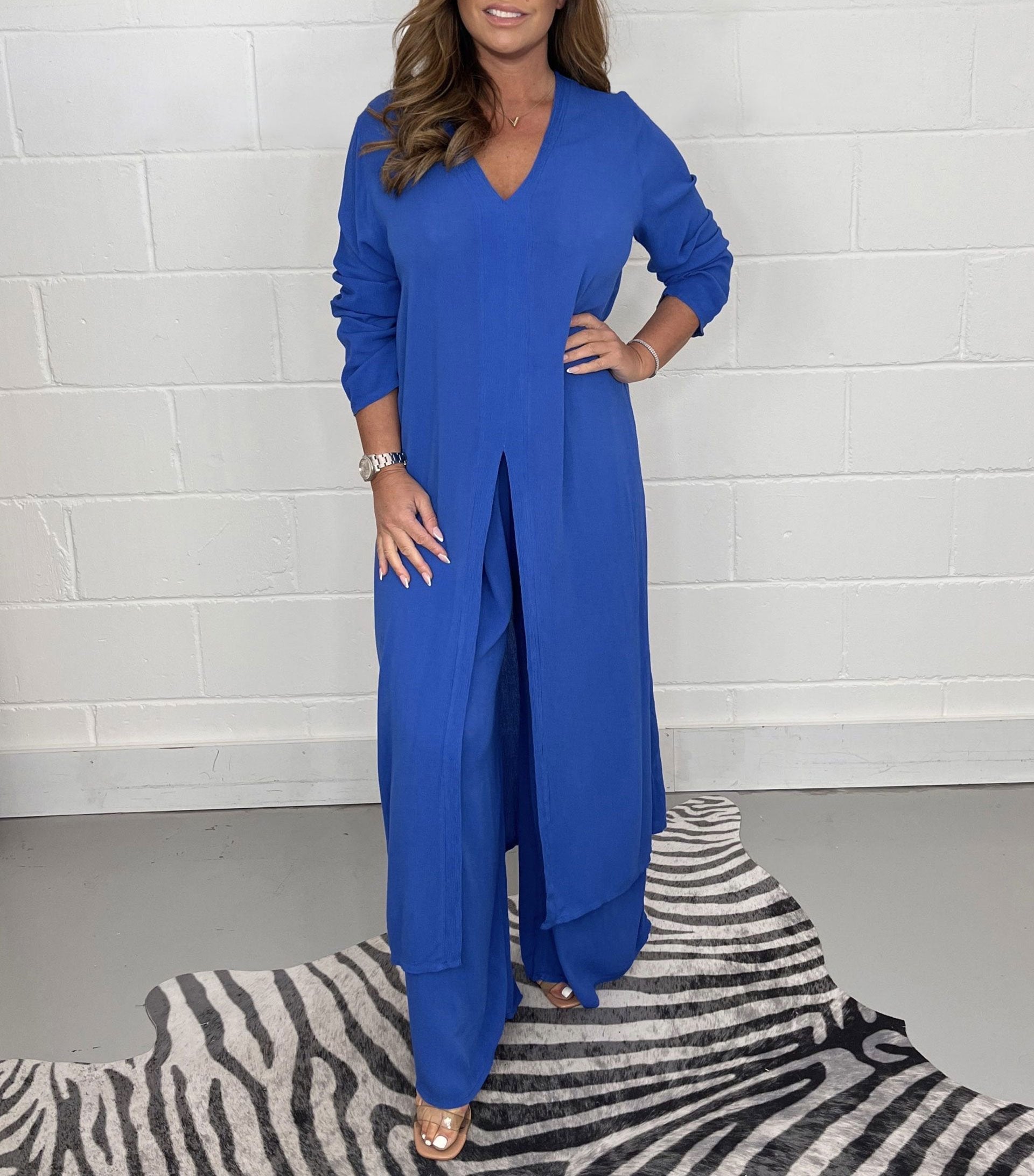 Women's two-piece casual set long top wide-leg pants elastic waist lightweight breathable loungewear