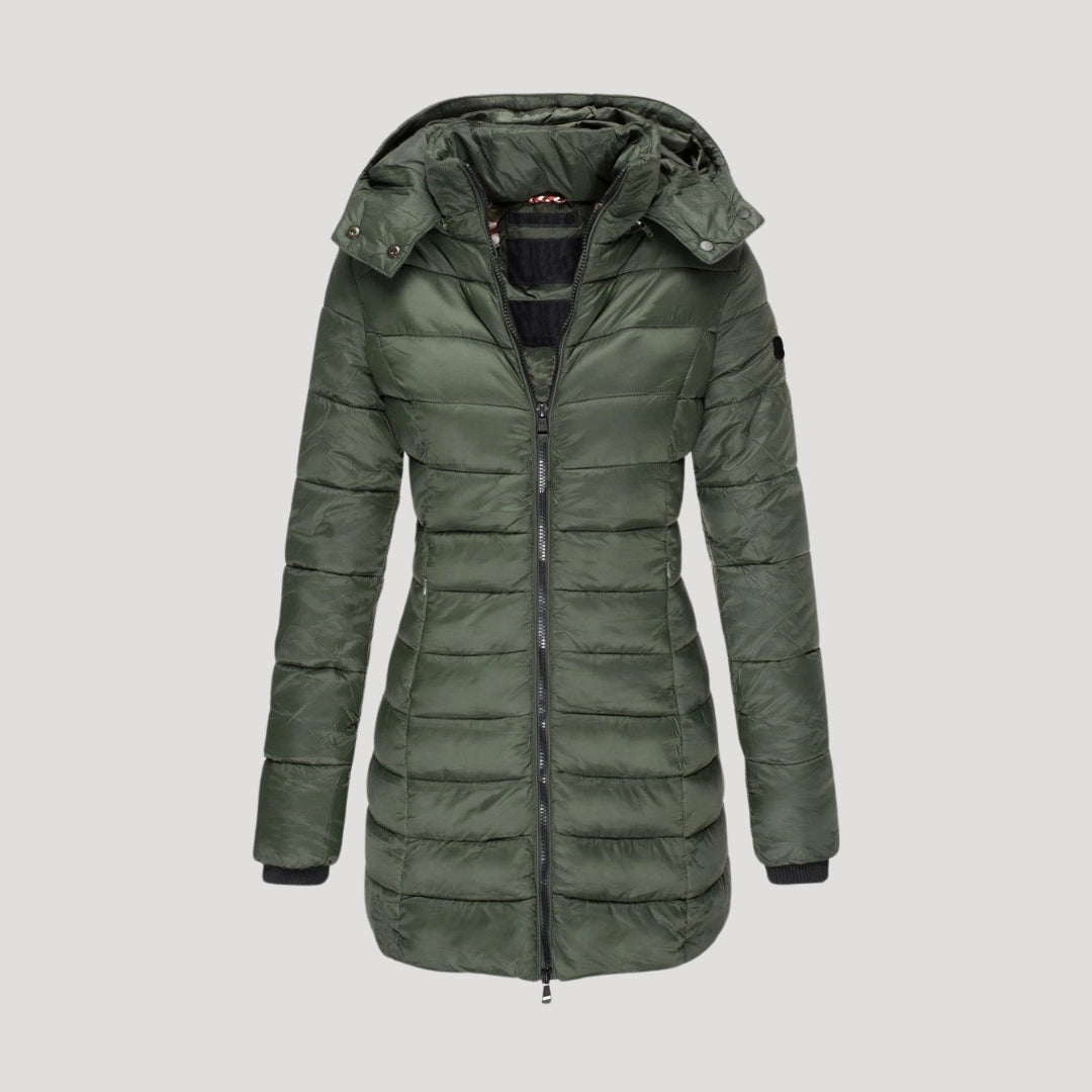 Women's long hooded puffer winter coat, insulated cozy chic outerwear with full-coverage silhouette