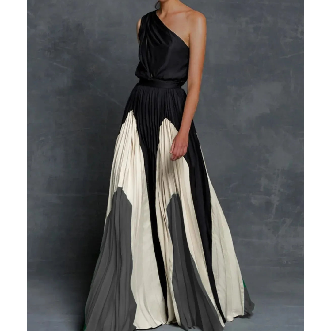 Bella women's one-shoulder long gala dress with vibrant multicolor pleated color-block design