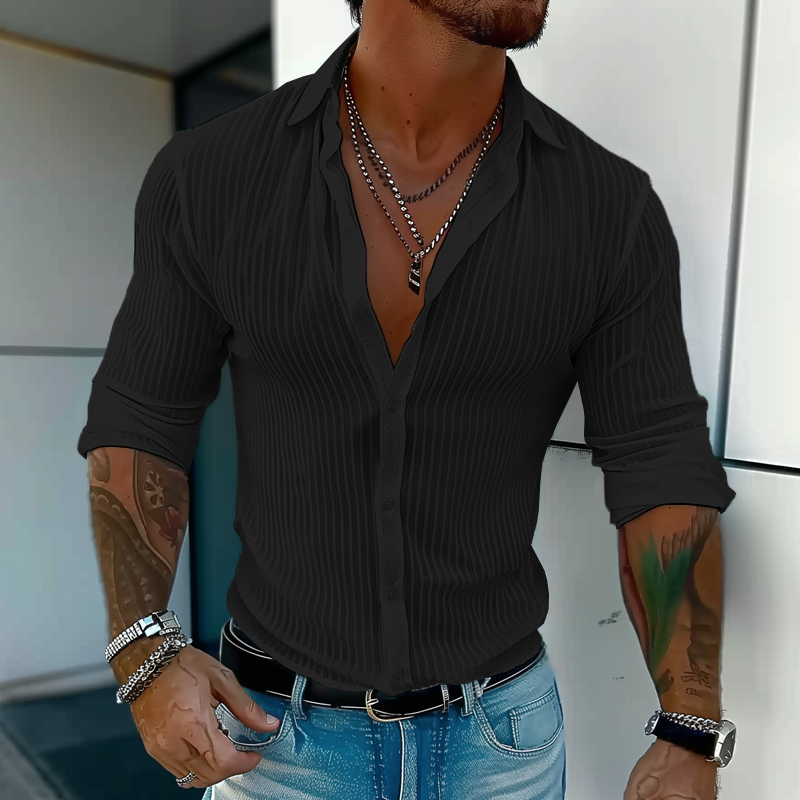 Men's slim fit white vertical striped lightweight button-front shirt for casual office wear