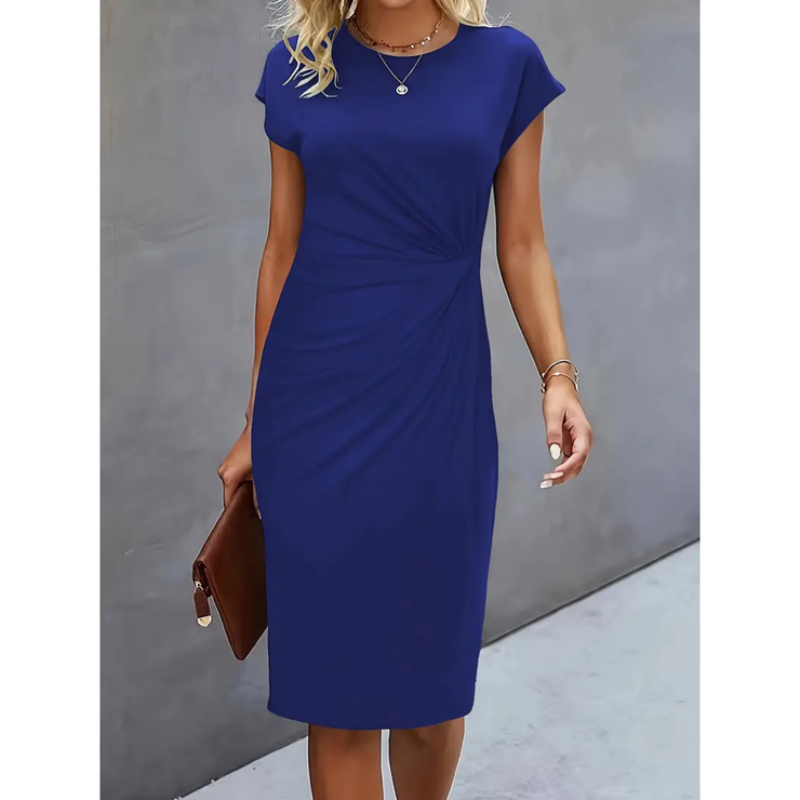 Black ruched bodycon dress with cap sleeves, side ruching stretch fit for day-to-night wear
