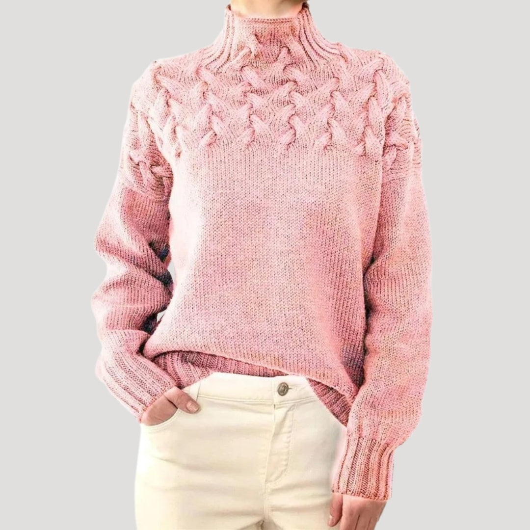 Women's ivory cable knit high-neck sweater with textured classic pattern, cozy spring essential