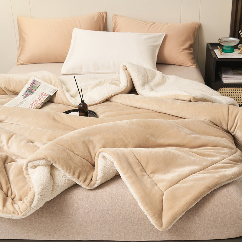 Reversible sherpa flannel throw blanket in neutral tones with dual-texture cozy design for home lounging