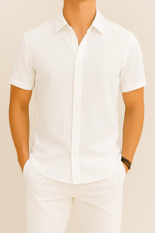 Vero Amsterdam men's short sleeve linen shirt, breathable cotton-linen blend, lightweight minimalist fit