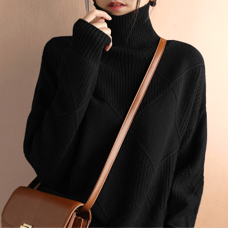 Women's ivory textured knit turtleneck sweater relaxed fit with raised geometric pattern