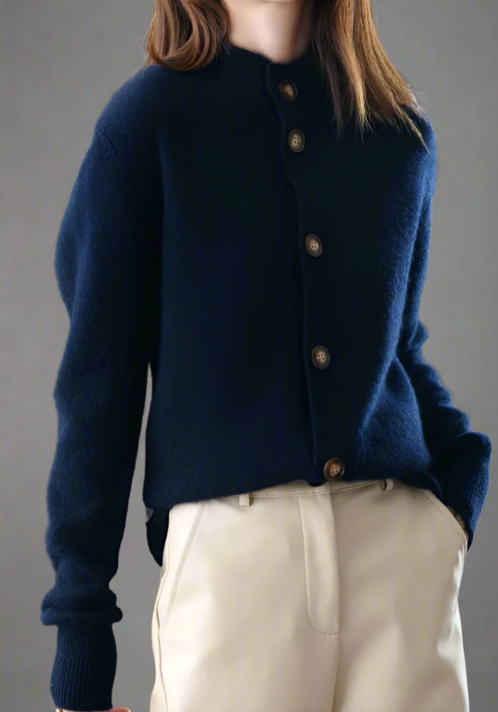 Cropped women's cardigan textured knit half stand collar buttons chic everyday layer
