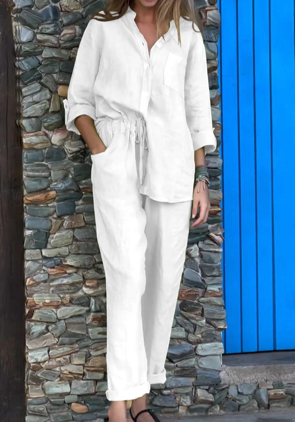 Unisex beige cotton linen two-piece set V-neck shirt and pants breathable casual summer coord