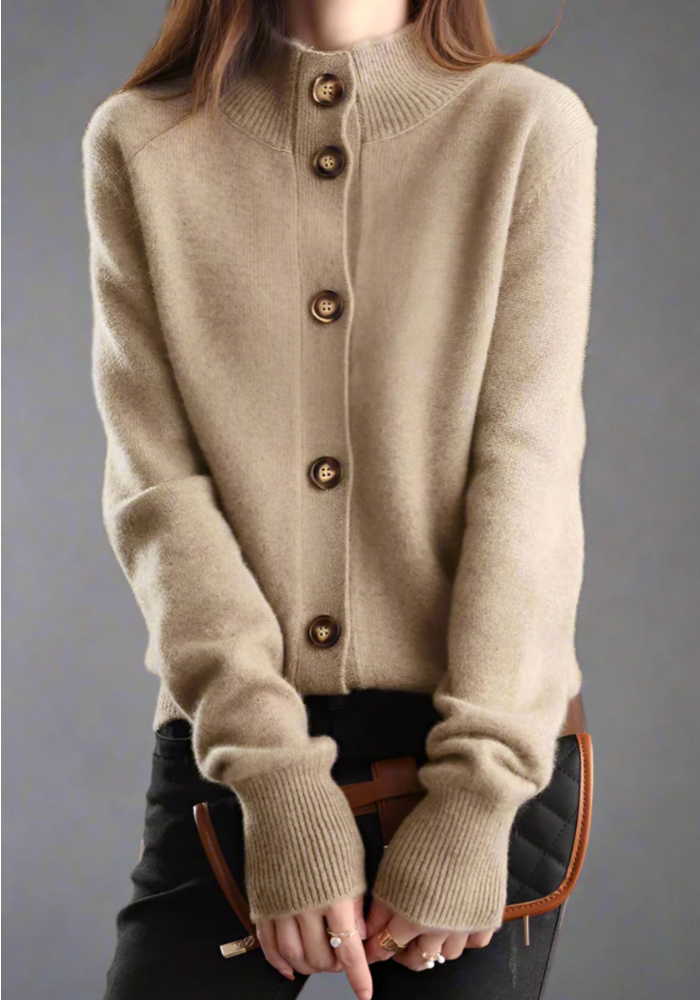 Cropped women's cardigan textured knit buttons half stand collar chic everyday layer