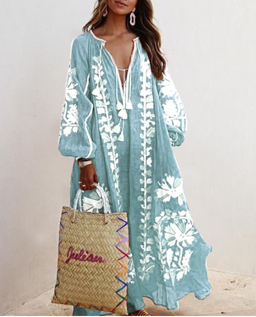 Oversized boho maxi dress cotton blend V-neck long sleeve casual vacation style light blue
