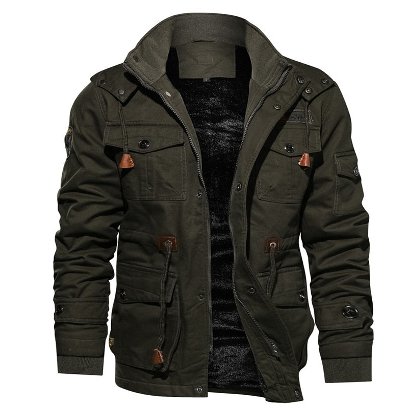 Men's olive hooded utility jacket fur trim collar epaulets regular fit winter essential