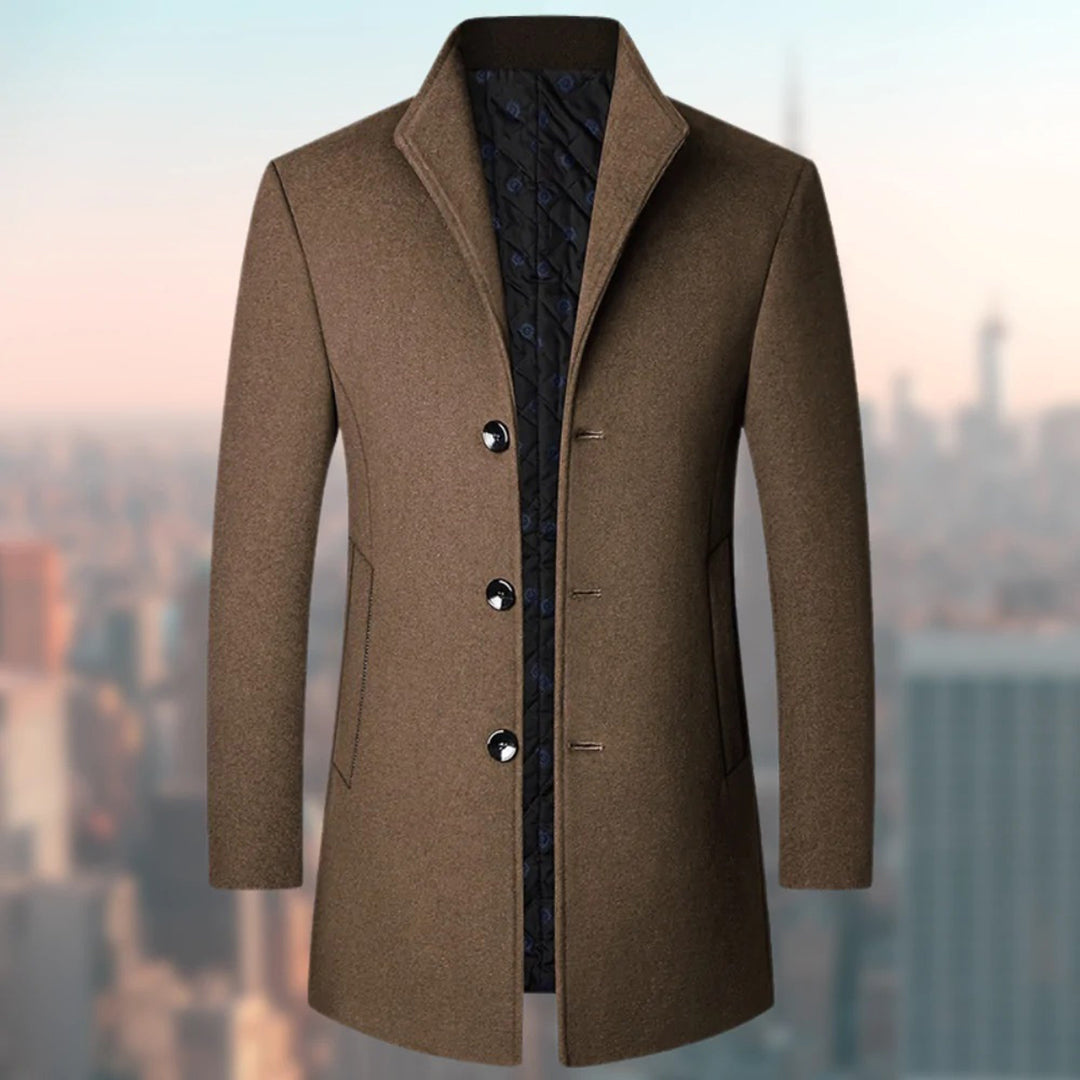 Men's winter trench coat single-breasted long silhouette notched collar concealed placket practical pockets