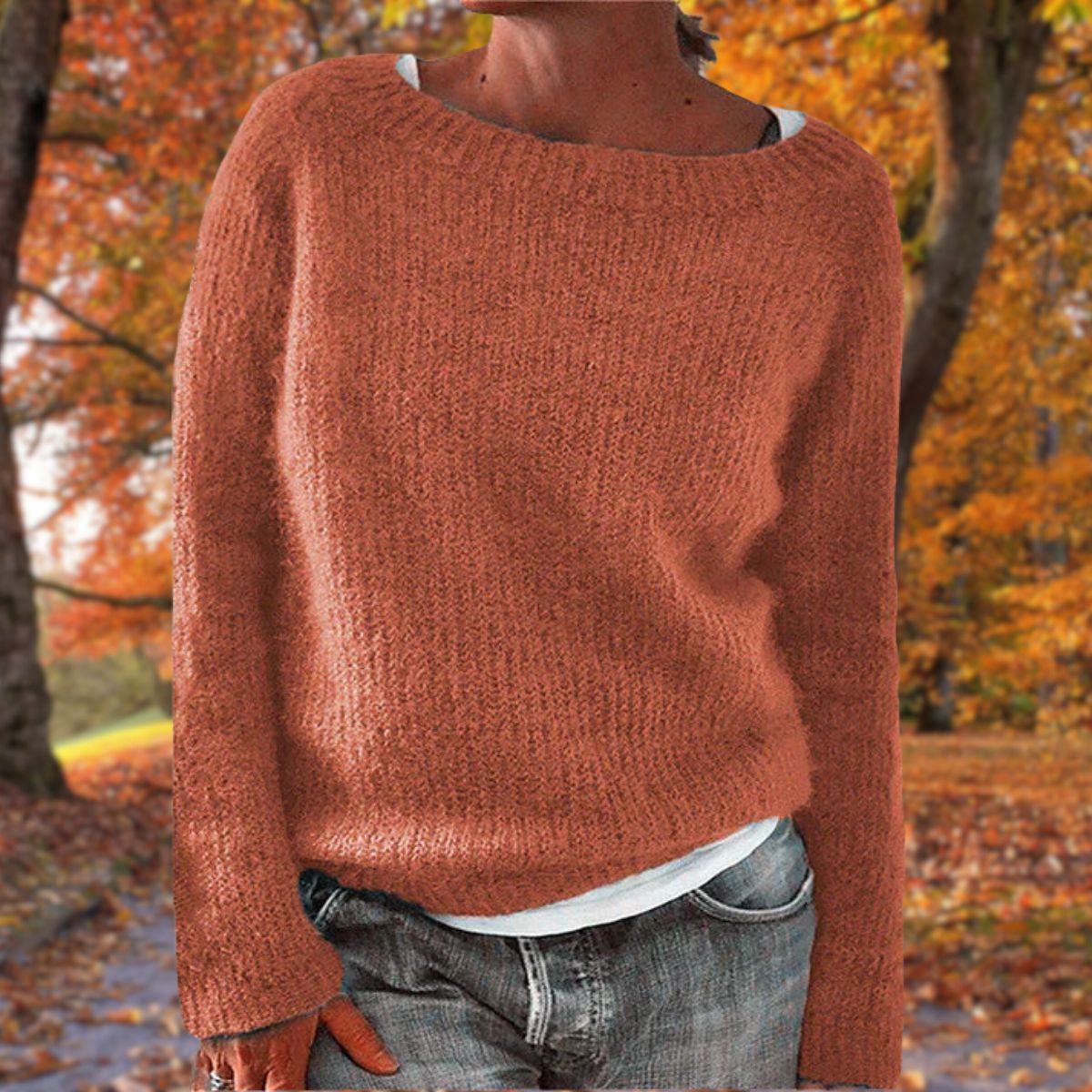 Women's textured knit relaxed fit sweater in neutral tone, cozy layered everyday style