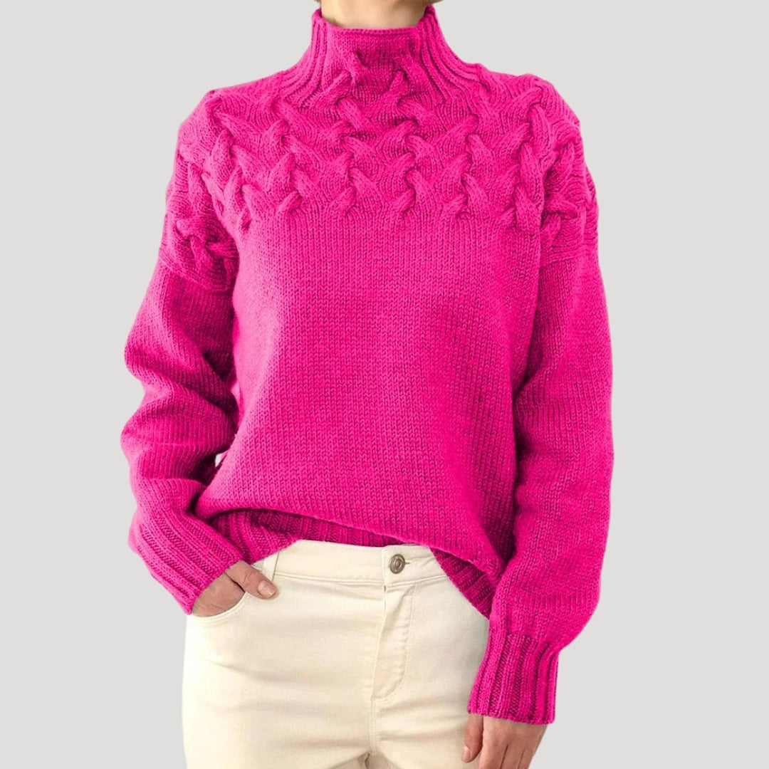 Women's cream cable knit high-neck sweater with textured pattern, cozy classic spring top