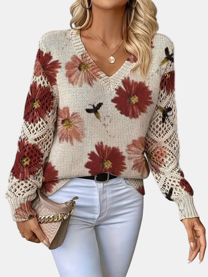 Women's colorful floral knit sweater, V-neck relaxed fit with airy crochet sleeves lightweight layering