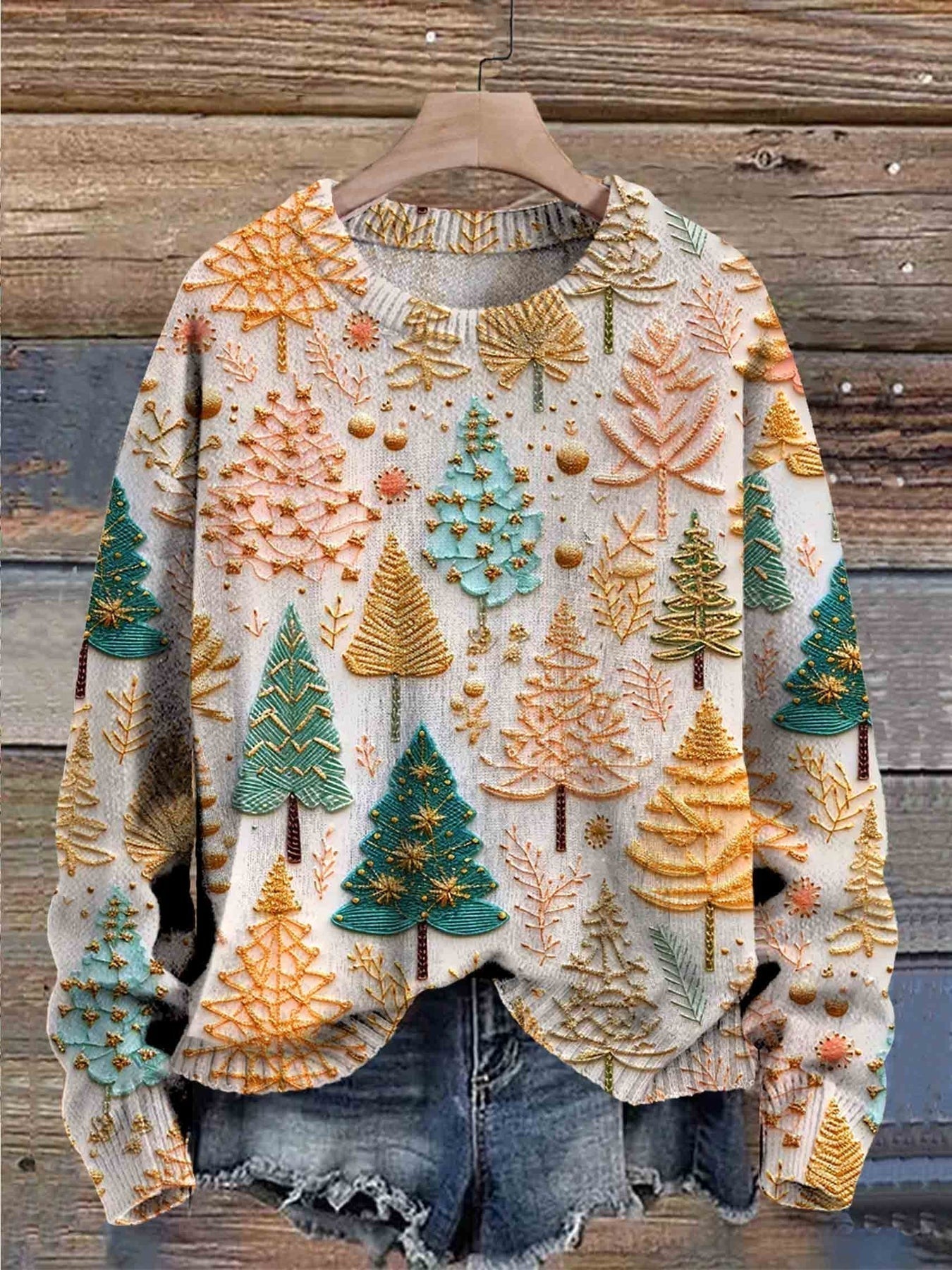 Red Christmas sweater with textured knit tree motifs, cozy festive crewneck for family holiday wear