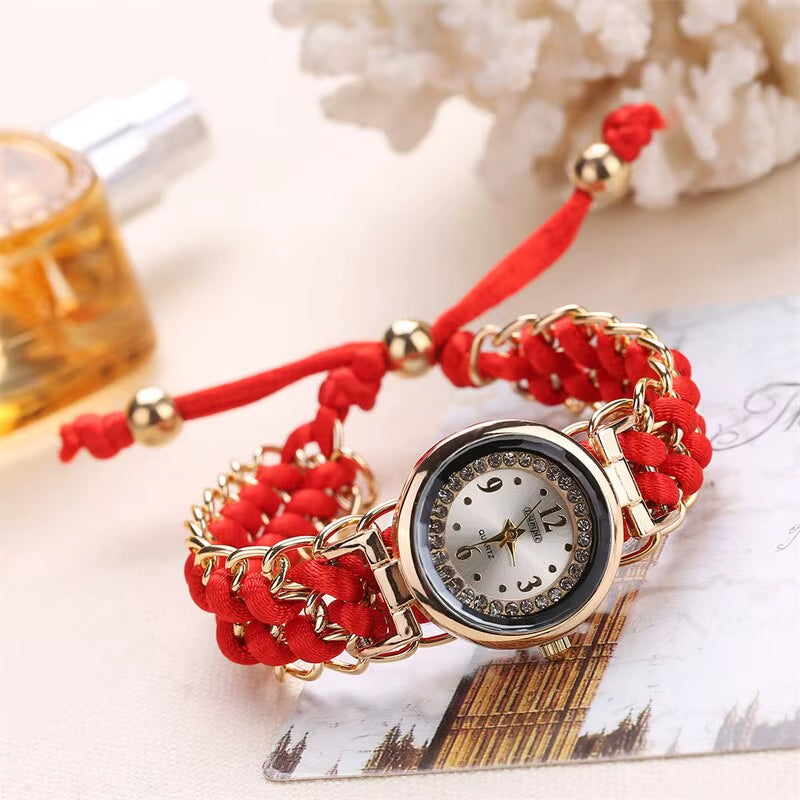 Athena women's quartz watch crystal-studded dial gold bezel braided cord band everyday elegance