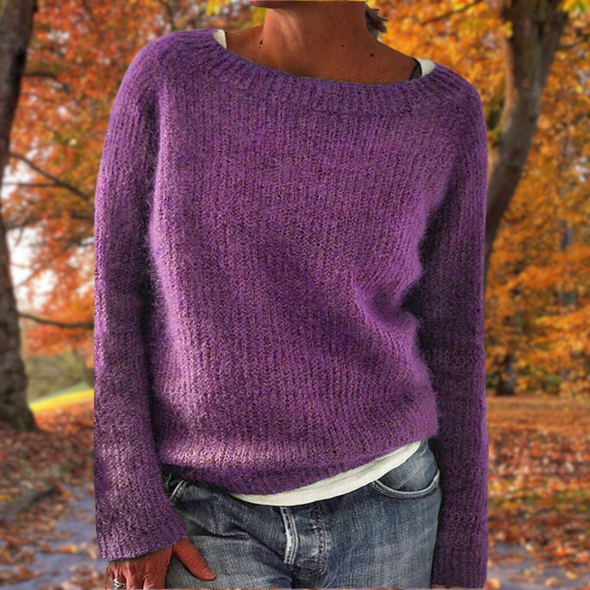 Women's textured knit relaxed fit sweater in neutral tone, cozy layered everyday style