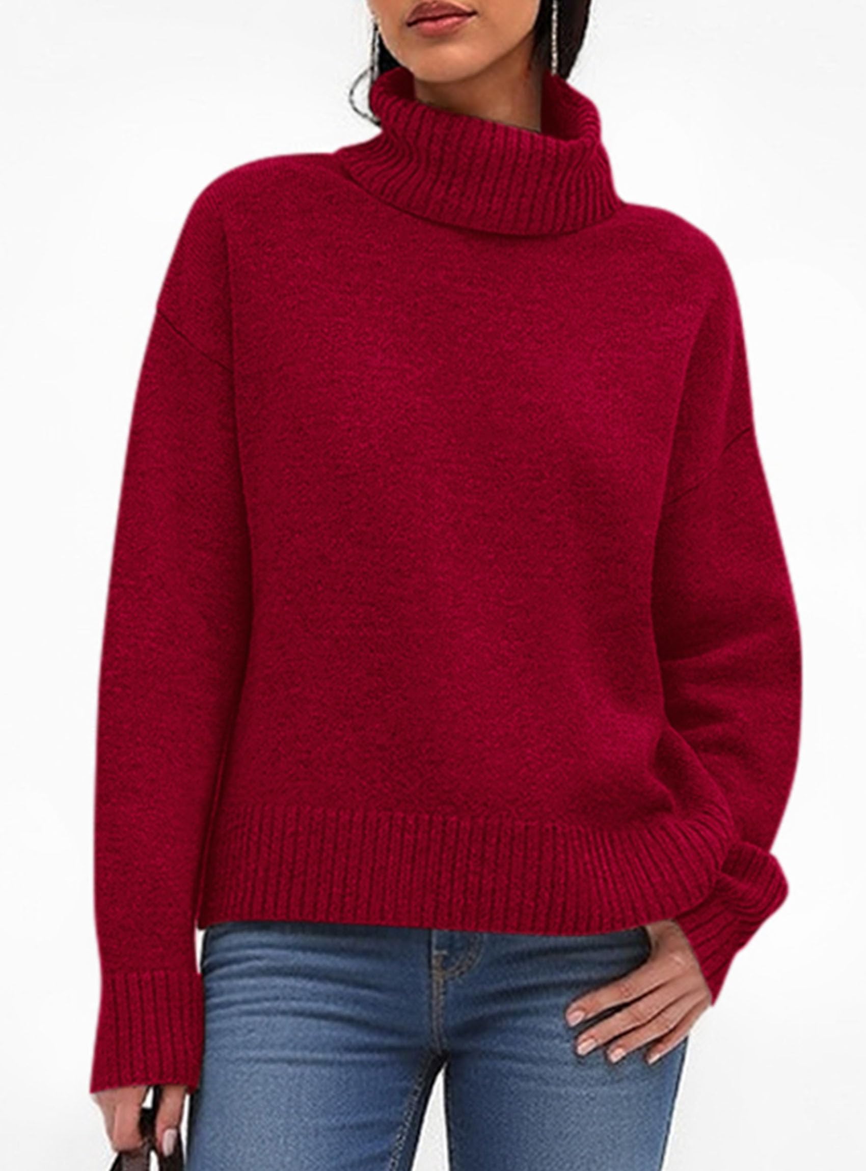 Women's soft knit roll neck sweater cozy loose fit turtleneck versatile everyday essential