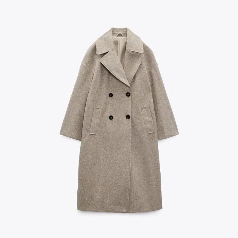 Women's long double-breasted coat tailored straight silhouette minimalist urban chic city professional style