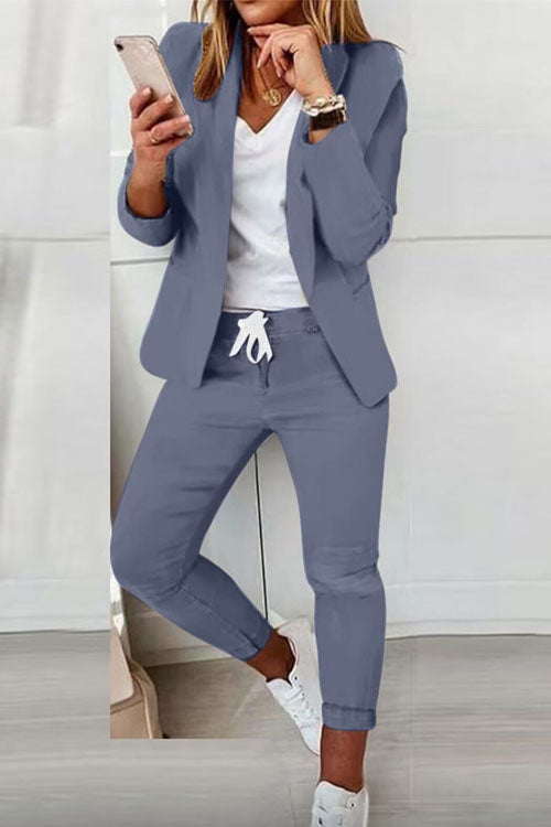 Women's cotton-blend blazer and elastic-waist trousers suit set in neutral tones, relaxed tailored fit