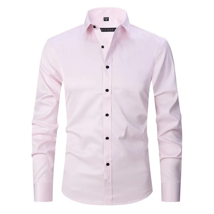 White slim fit men's dress shirt with breathable stretch fabric and non-iron button front closure
