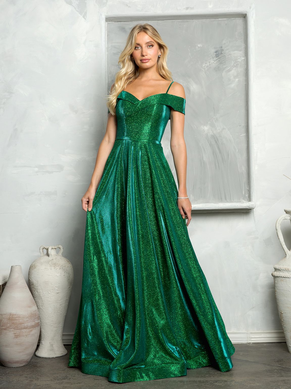 Women's off-shoulder glitter ball gown A-line full-length formal dress with sparkling fabric