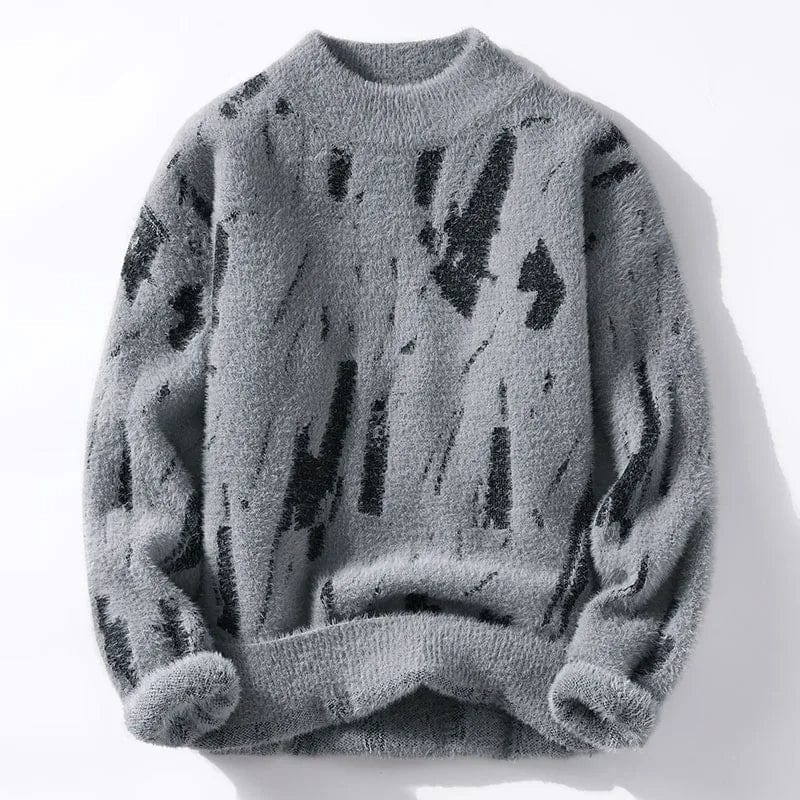 Women's fuzzy abstract knit sweater in black, cozy plush pullover with ribbed crewneck