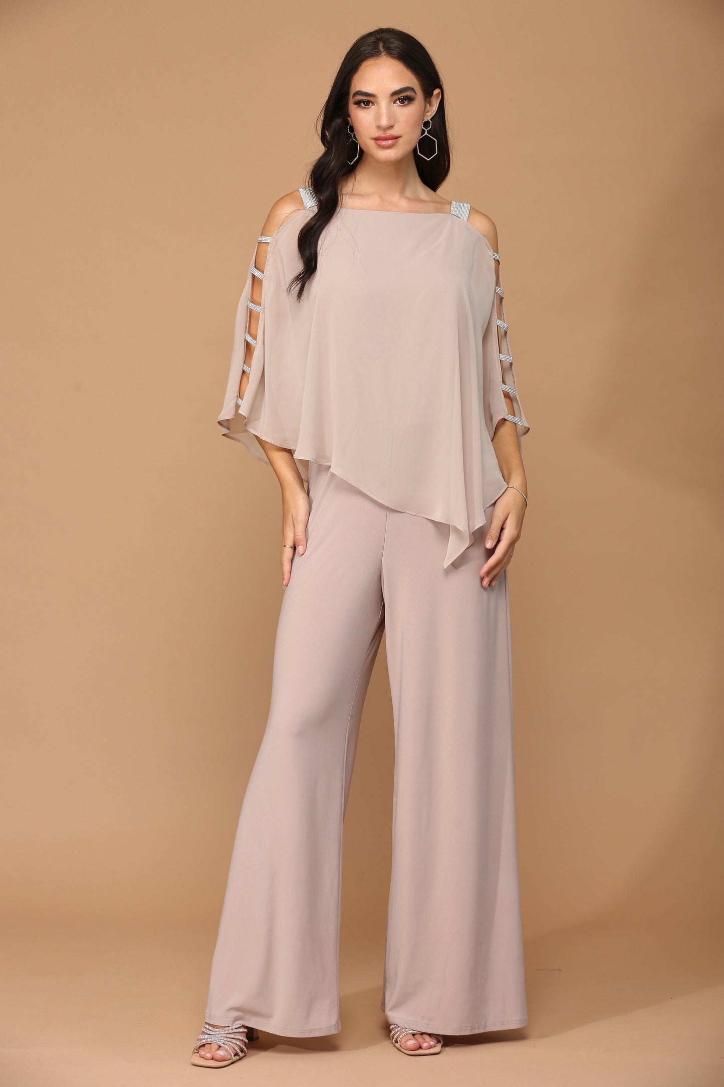 Elegant black chiffon cape overlay jumpsuit formal stretch jersey sleek sophisticated silhouette