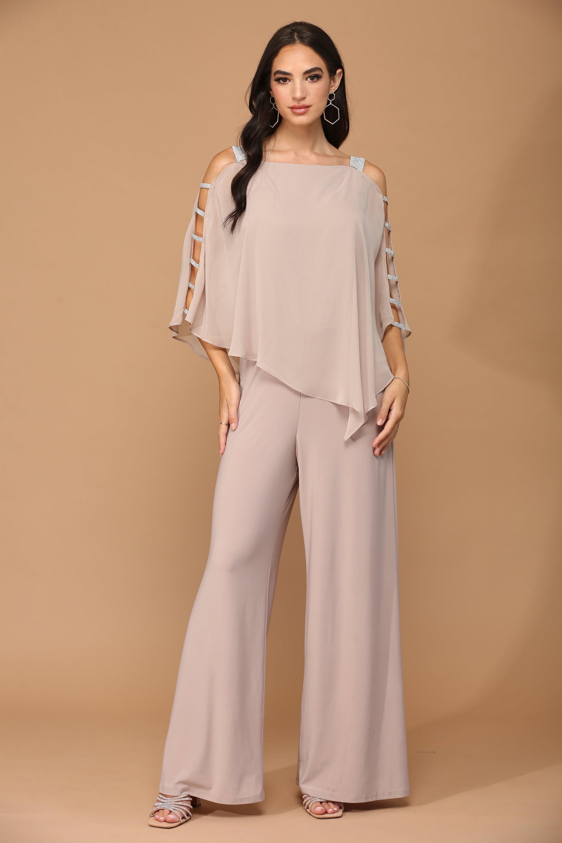Elegant black chiffon cape overlay jumpsuit formal stretch jersey sleek sophisticated silhouette