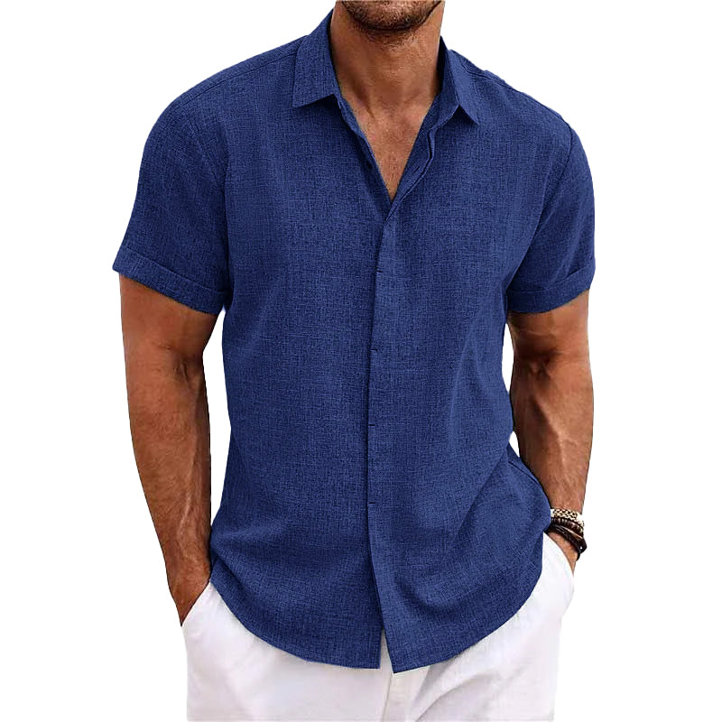 Men's light blue linen cotton blend short sleeve shirt regular fit breathable button-up casual wear
