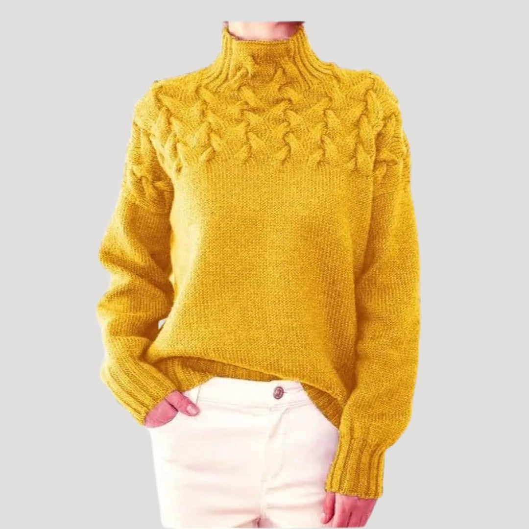 Women's cream cable knit high-neck sweater with textured pattern, cozy classic fit for spring