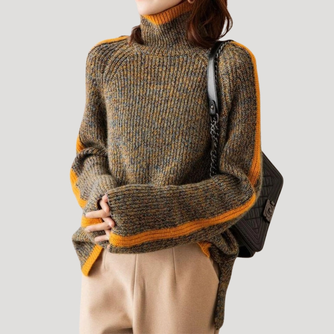 Women's ribbed turtleneck knit sweater in spring tones, slim silhouette with textured detail