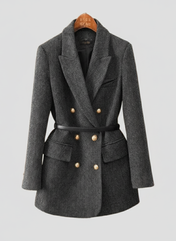 Women's black tweed double-breasted blazer coat with peak lapels, gold buttons, and waist belt