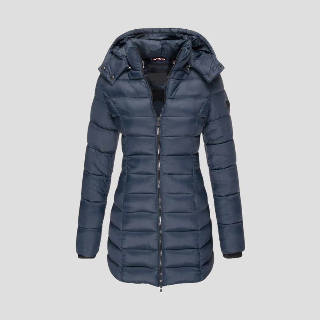 Women's long hooded puffer coat in neutral tone, insulated slim silhouette with full-coverage length