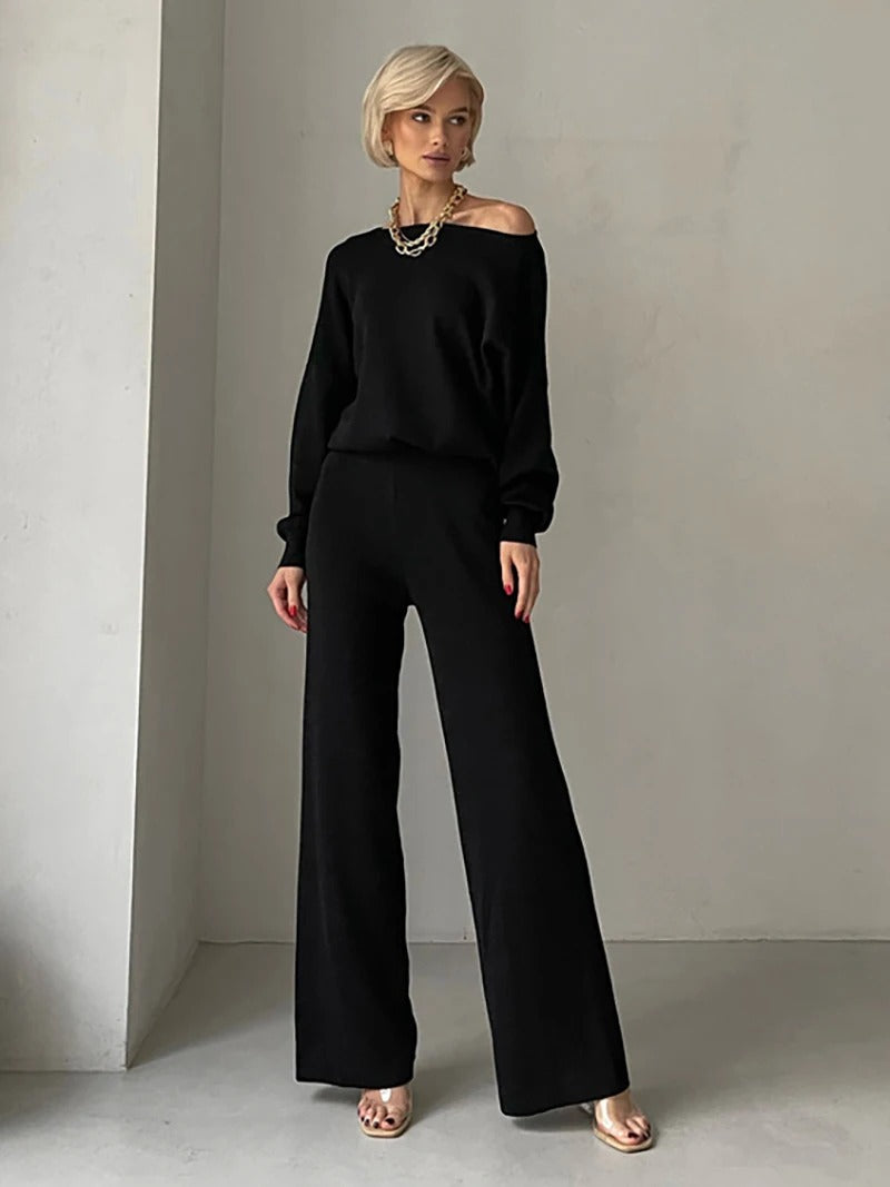 Women's cozy monochrome knit set soft winter two-piece matching loungewear with ribbed texture