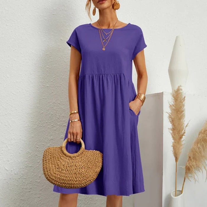 Mila minimalist midi dress for women, elegant round neckline, versatile office-to-event style