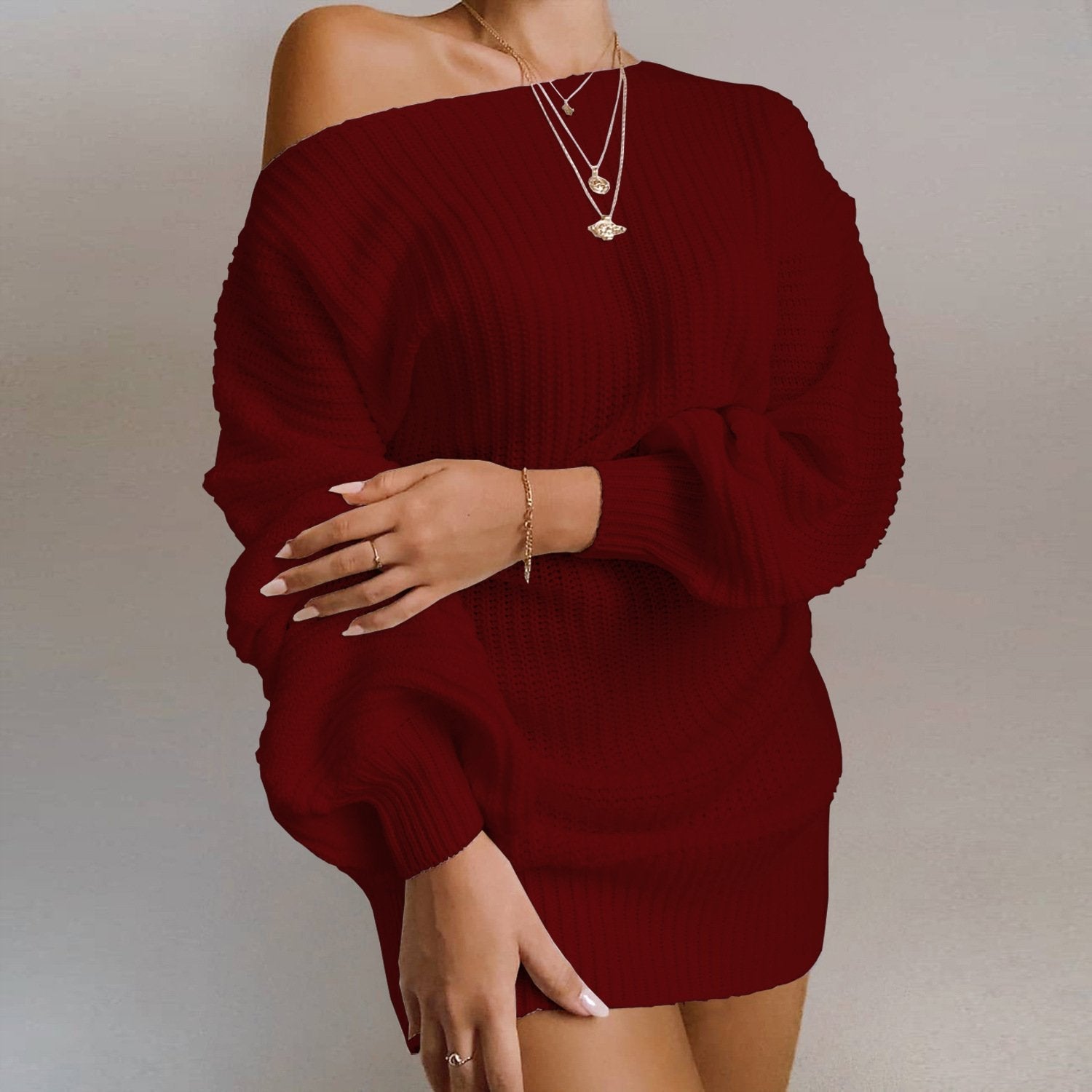 Women's off-shoulder knit sweater dress cozy acrylic chic casual fit solid color everyday style