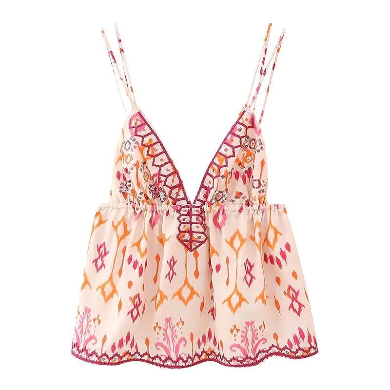 Women's sleeveless boho blouse light fluid fit vibrant Aztec print sunny colors casual chic summer top
