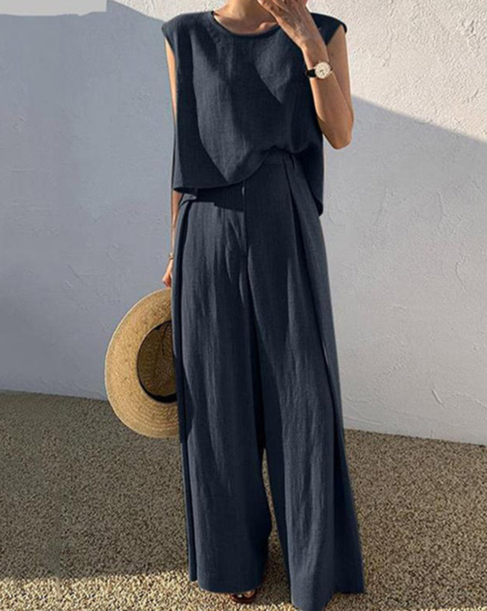 Women's beige linen blend casual pants set lightweight breathable relaxed fit everyday comfort