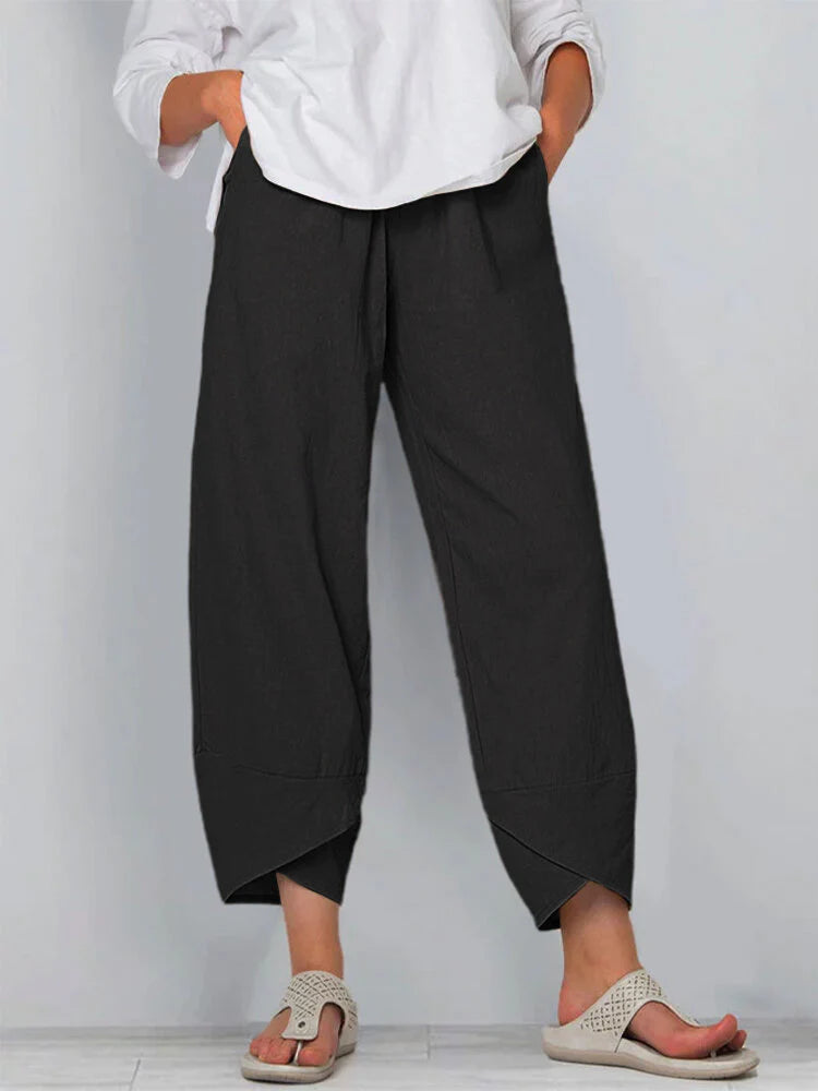 Women's cotton linen ankle pants relaxed fit elastic waist with angled pockets eco-friendly casual
