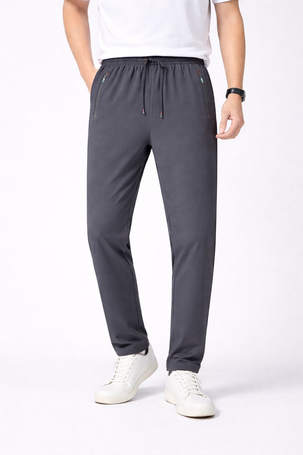 Men's thermal fleece-lined joggers in gray windproof fabric with drawstring waist and ribbed ankle cuffs