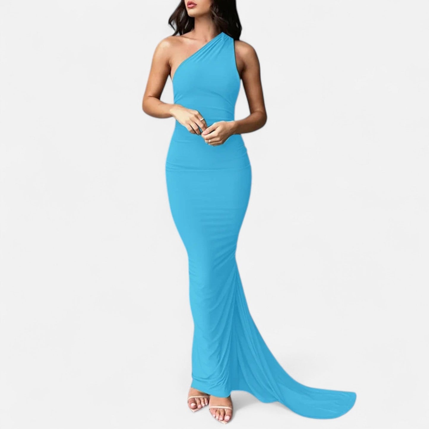 Black scarf-tier evening maxi dress with figure-flattering fit and elegant draped detail