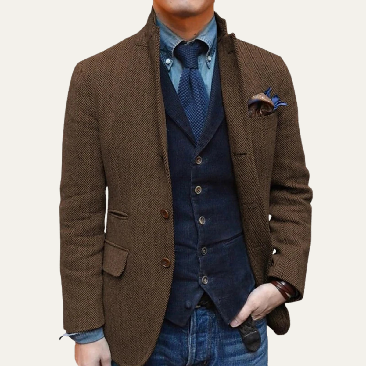 Men's slim fit single breasted wool tweed blazer with premium craftsmanship and timeless tailored silhouette